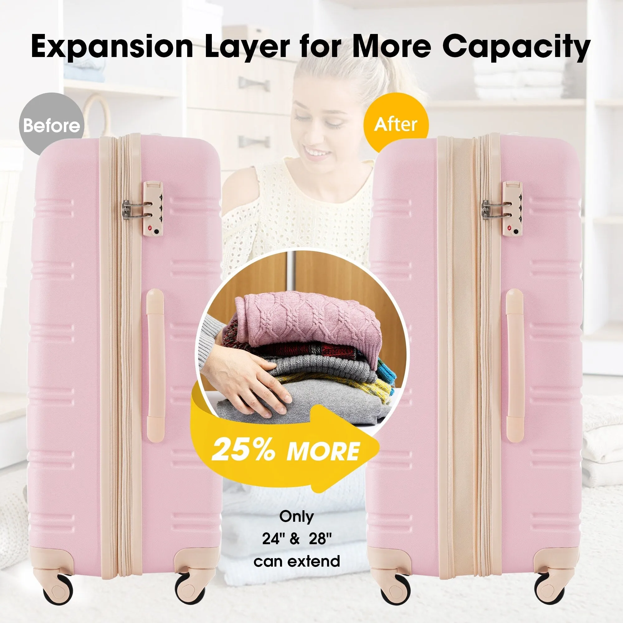 20"/24"/28" Expandable Luggage Set with TSA Lock and Spinner Wheels, Hardside 3 Piece Suitcase with Zippered Compartment