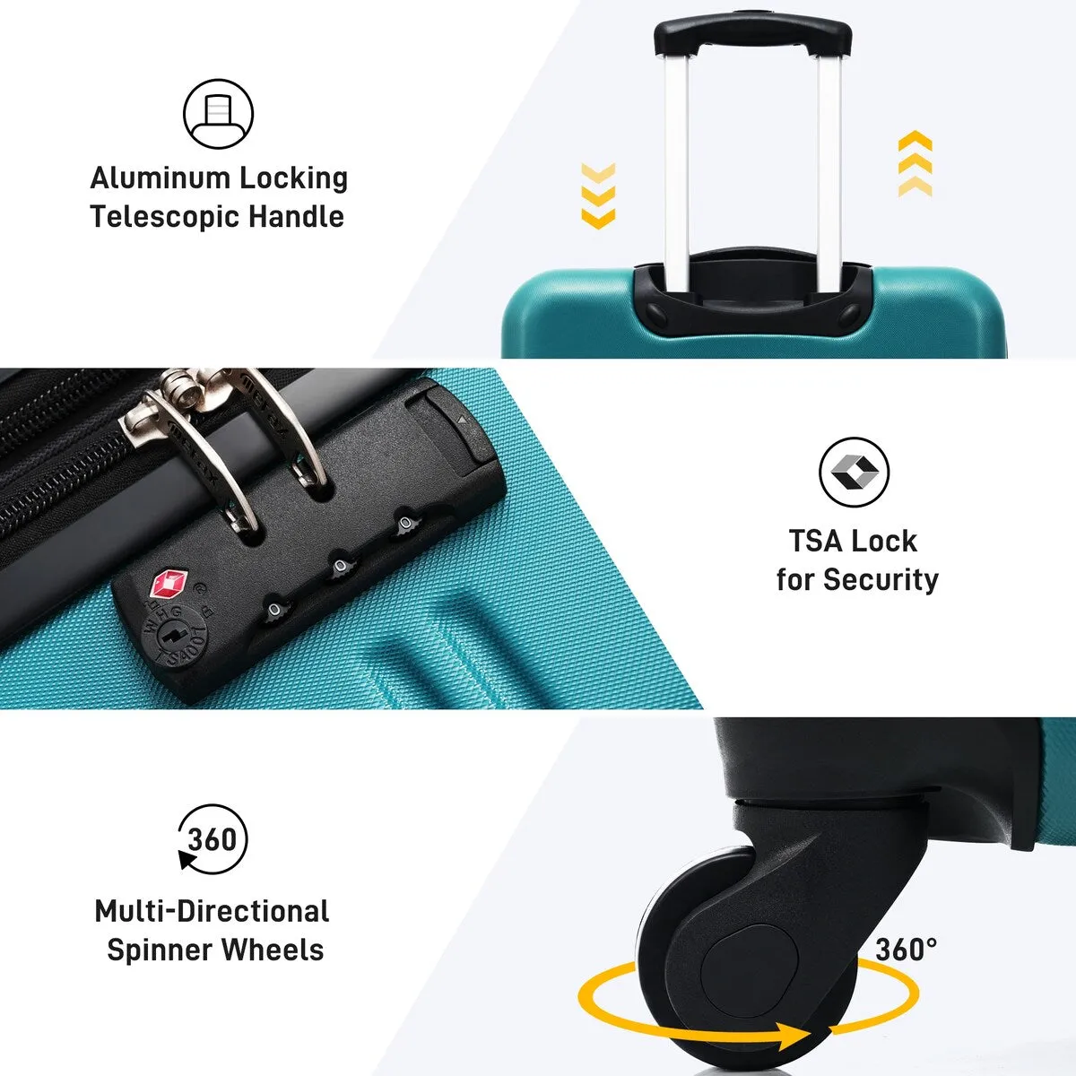 3 Pcs Hardshell Luggage Sets Suitcase with Spinner and TSA Lock(20"24"28"), Blue Green