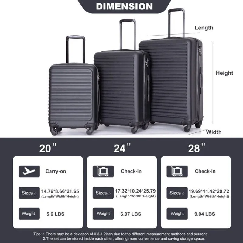 3 Piece ABS Lightweight Suitcase Luggage Sets with Two Hooks,TSA Lock