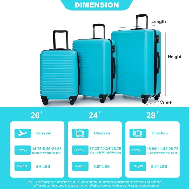 3 Piece ABS Lightweight Suitcase Luggage Sets with Two Hooks,TSA Lock