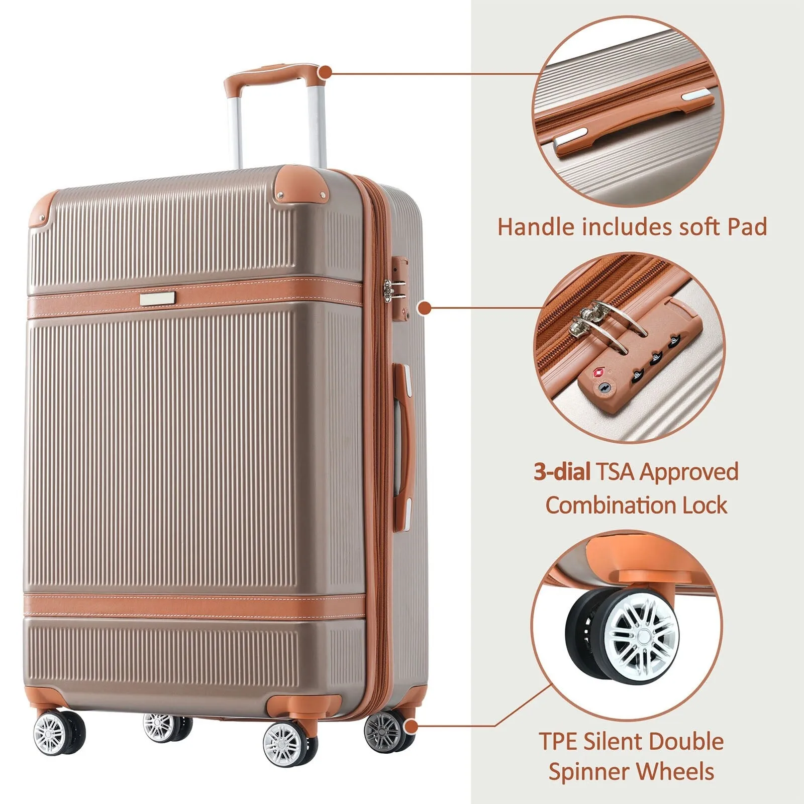 3 Piece Expansion Luggage Sets with Spinner Wheels and TSA Lock, Hardshell Suitcase with Telescopic Handle (20''24''28'')