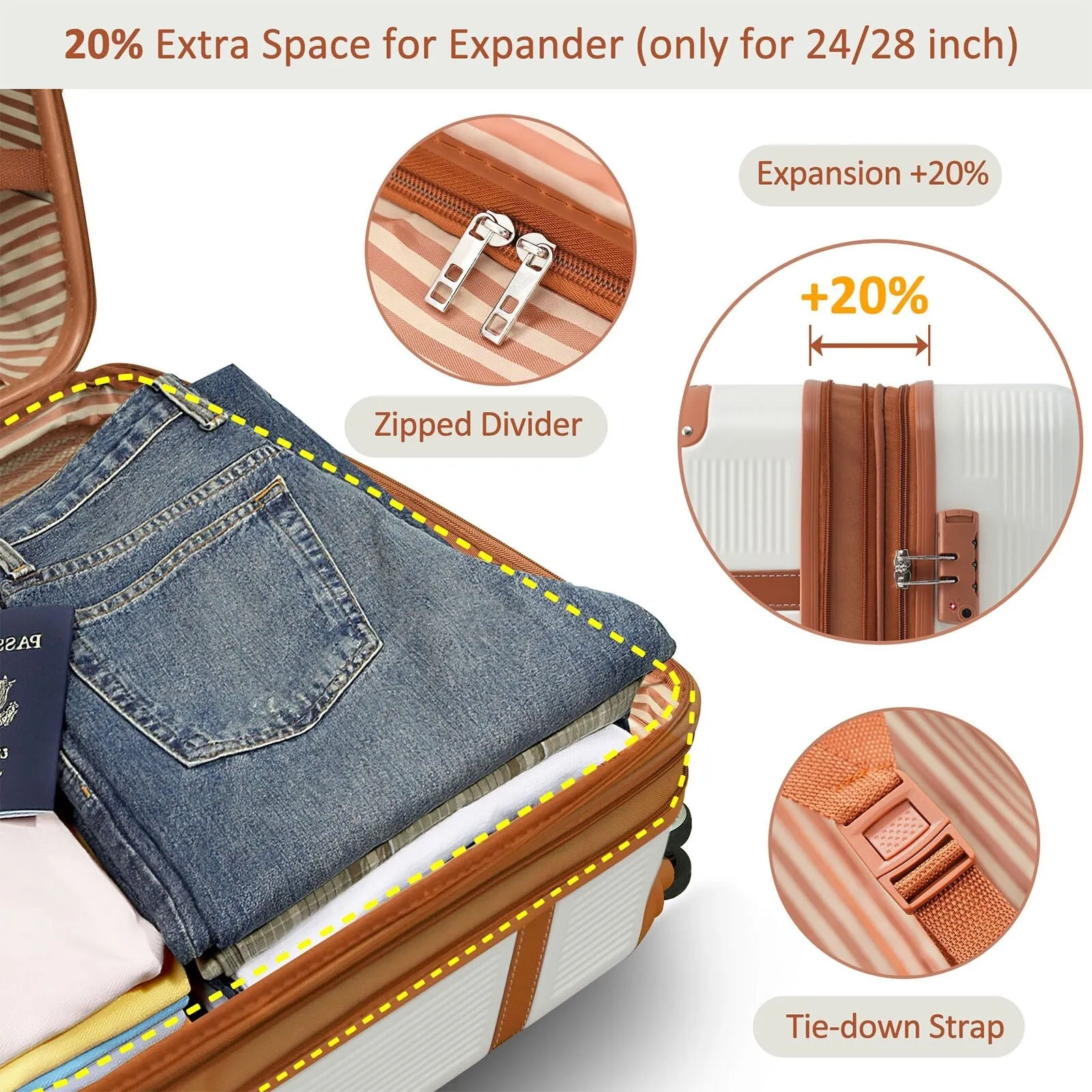 3 Piece Expansion Luggage Sets with Spinner Wheels and TSA Lock, Hardshell Suitcase with Telescopic Handle (20''24''28'')