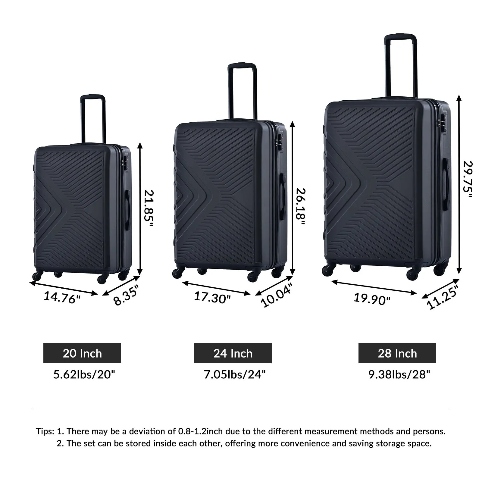 3 Piece Luggage Sets ABS Lightweight Suitcase with Two Hooks, Spinner Wheels, TSA Lock, (20/24/28)