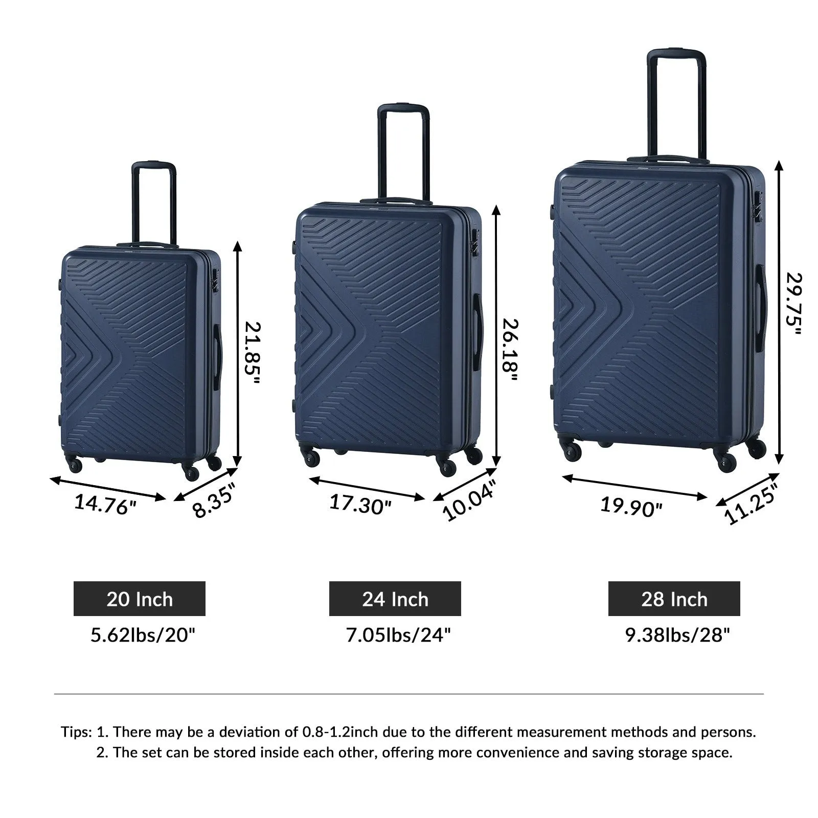 3 Piece Luggage Sets ABS Lightweight Suitcase with Two Hooks, Spinner Wheels, TSA Lock, (20/24/28)
