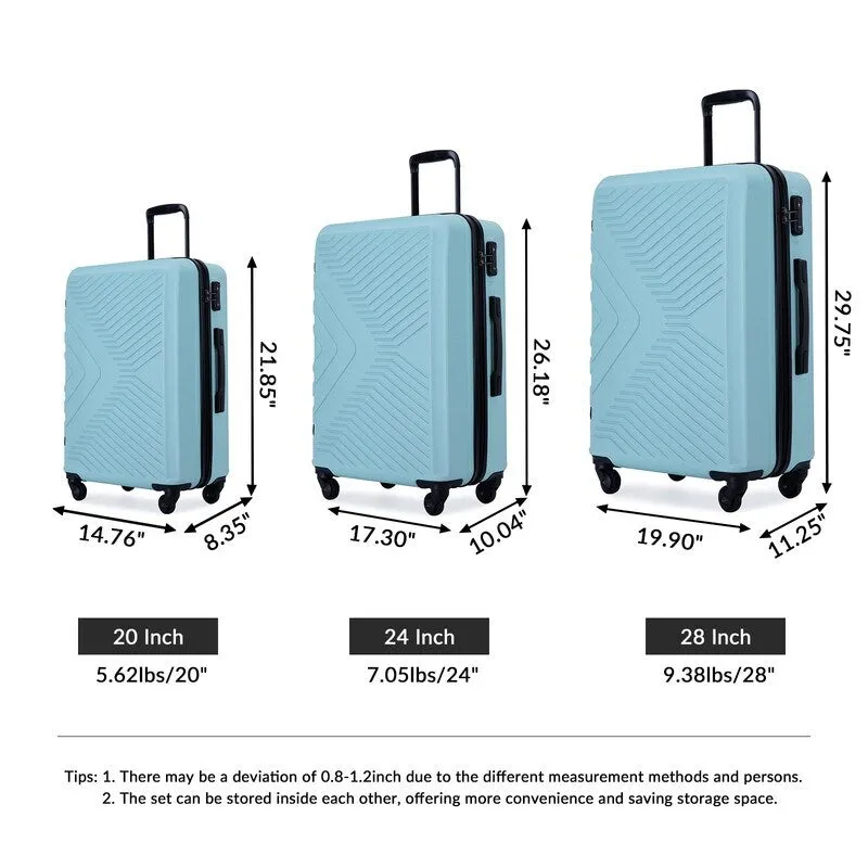 3 Piece Luggage Sets Lightweight ABS Suitcase with Hooks & TSA Lock
