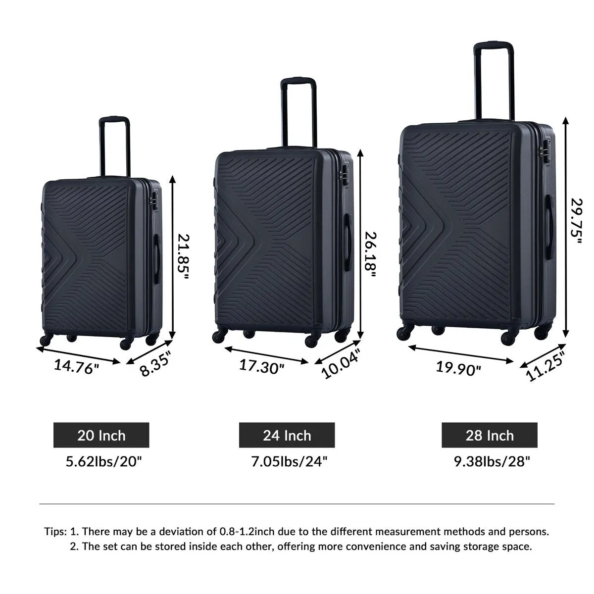 3 Piece Luggage Sets Lightweight ABS Suitcase with Hooks & TSA Lock