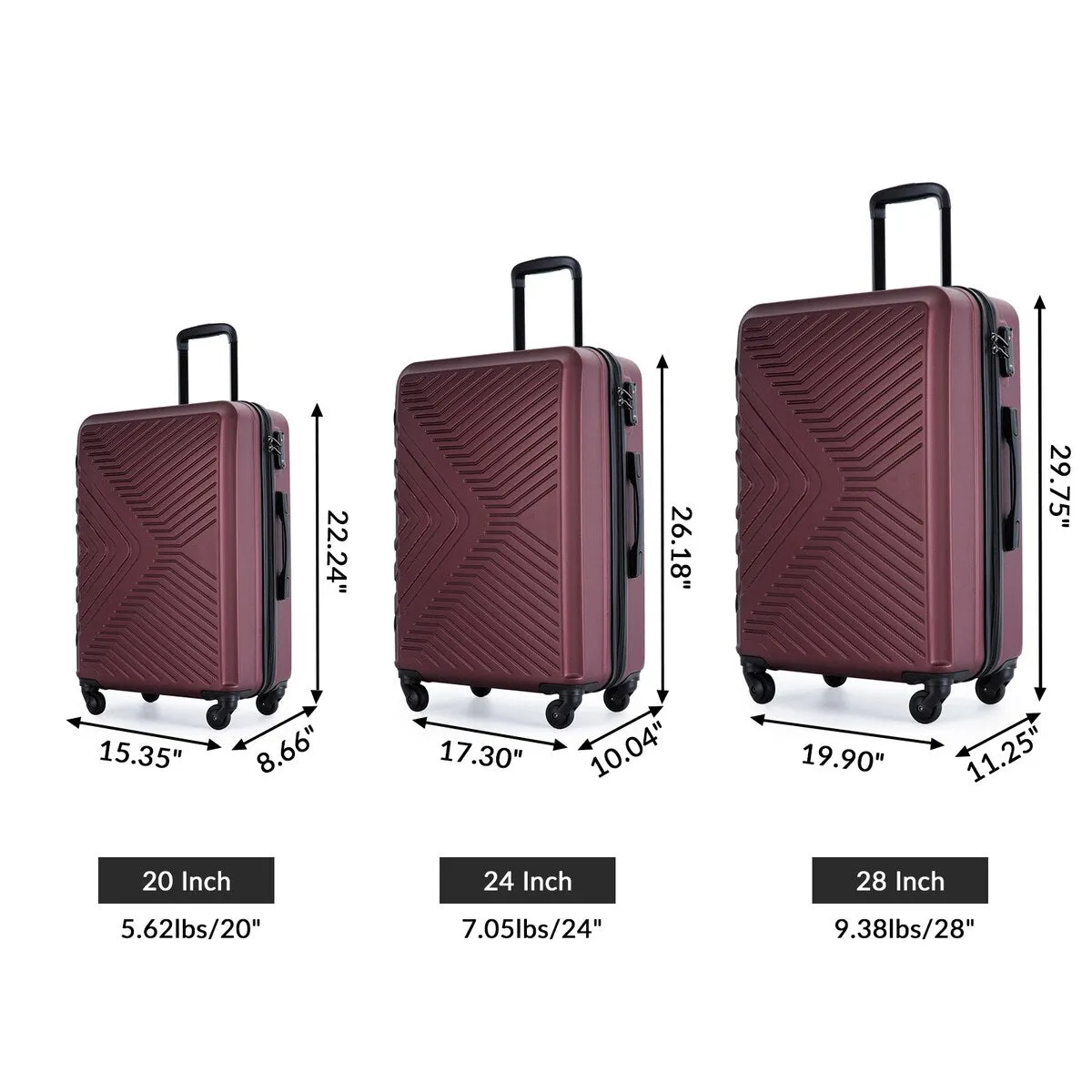 3 Piece Luggage Sets Lightweight ABS Suitcase with Hooks & TSA Lock