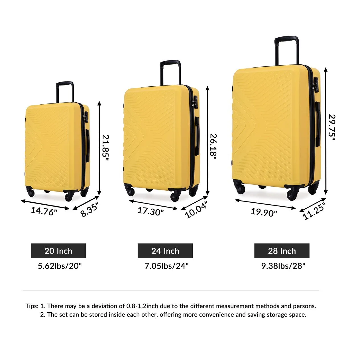 3 Piece Luggage Sets Lightweight ABS Suitcase with Hooks & TSA Lock