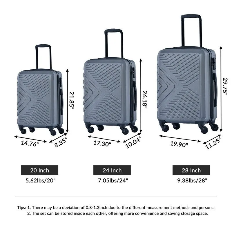 3 Piece Luggage Sets Lightweight ABS Suitcase with Hooks & TSA Lock