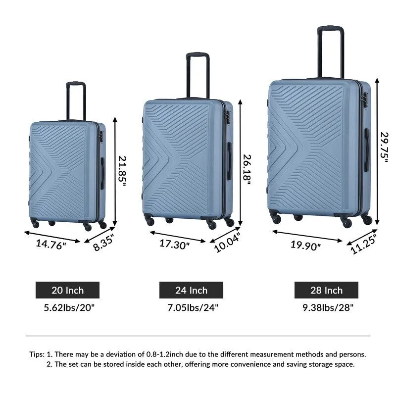 3 Piece Luggage Sets Lightweight ABS Suitcase with Hooks & TSA Lock