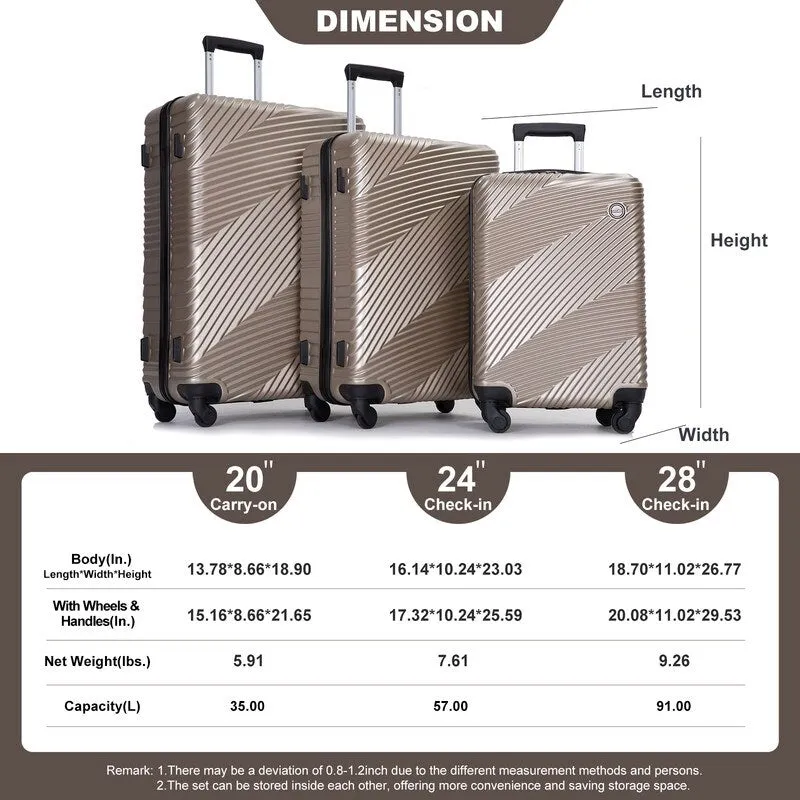 3 Piece PC ABS Suitcase Luggage Sets with Two Hooks and Spinner Wheels,Gold