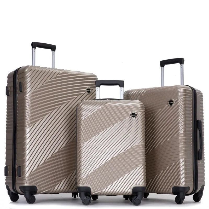 3 Piece PC ABS Suitcase Luggage Sets with Two Hooks and Spinner Wheels,Gold
