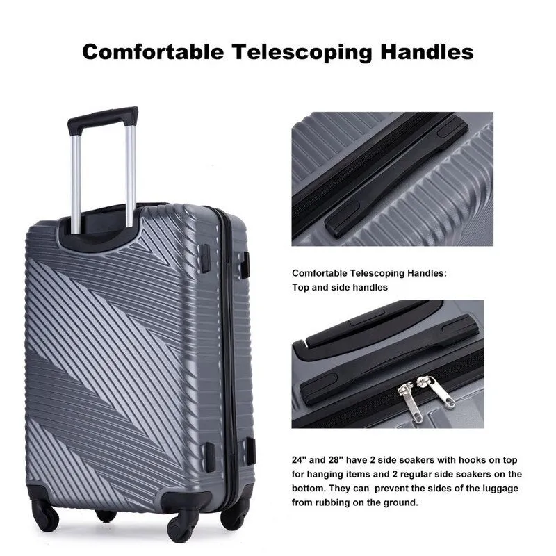 3 Piece PC ABS Suitcase Luggage Sets with Two Hooks and Spinner Wheels,Gray