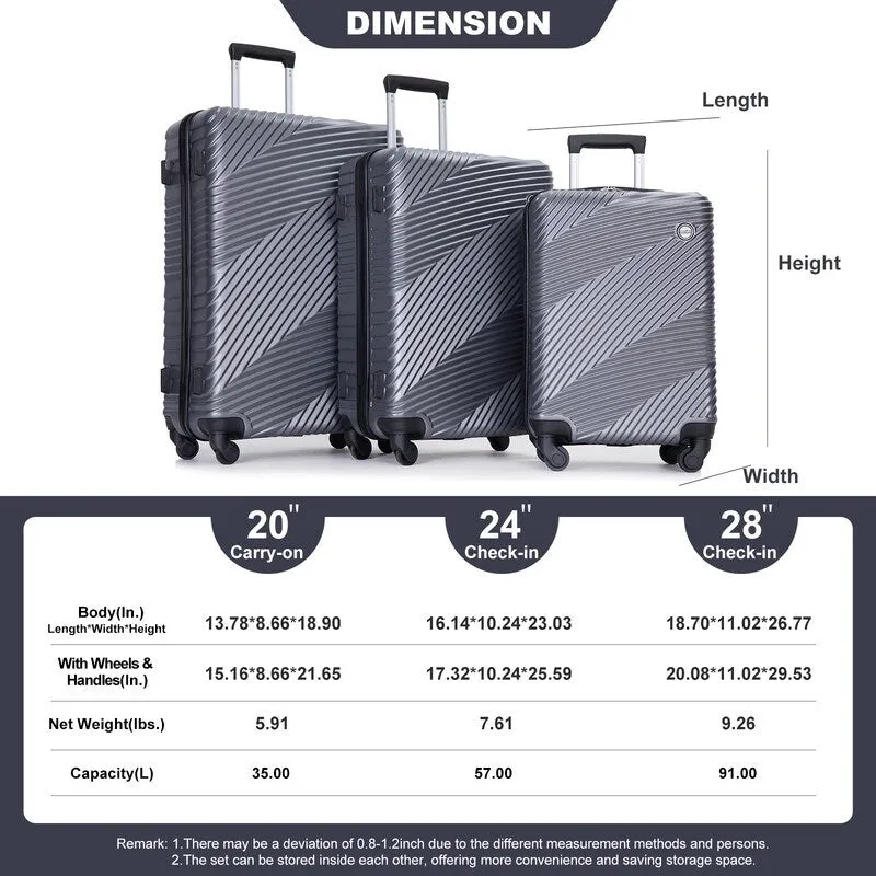 3 Piece PC ABS Suitcase Luggage Sets with Two Hooks and Spinner Wheels,Gray