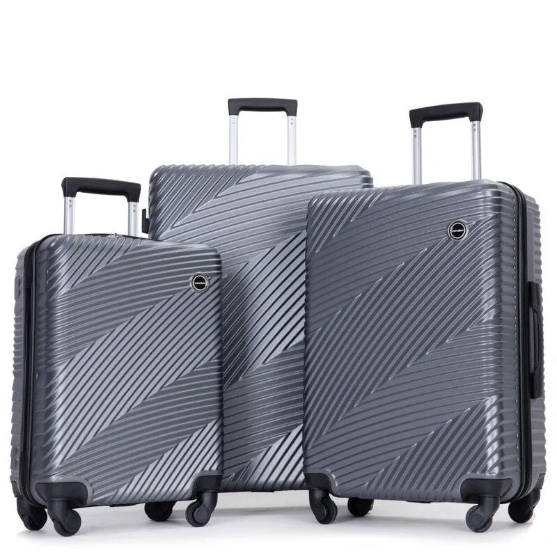 3 Piece PC ABS Suitcase Luggage Sets with Two Hooks and Spinner Wheels,Gray