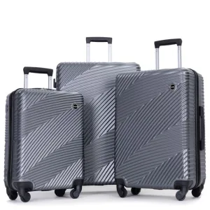 3 Piece PC ABS Suitcase Luggage Sets with Two Hooks and Spinner Wheels,Gray