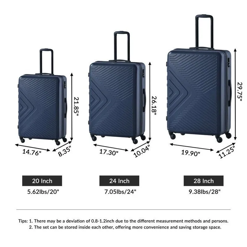3PCS ABS Lightweight Suitcase Luggage Set with Two Hooks and TSA Lock