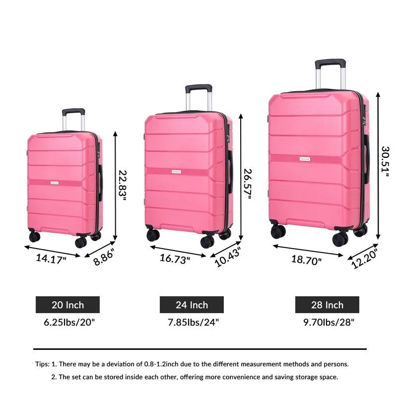 3PCS Hardshell Suitcase PP Luggage Sets with TSA Lock,20"/24"/28"