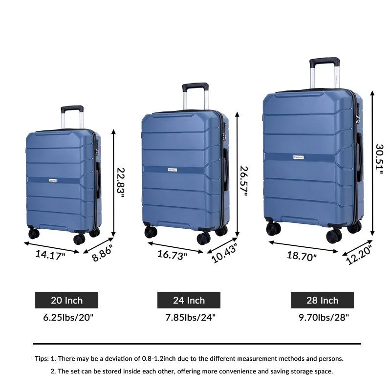 3PCS Hardshell Suitcase PP Luggage Sets with TSA Lock,20"/24"/28"