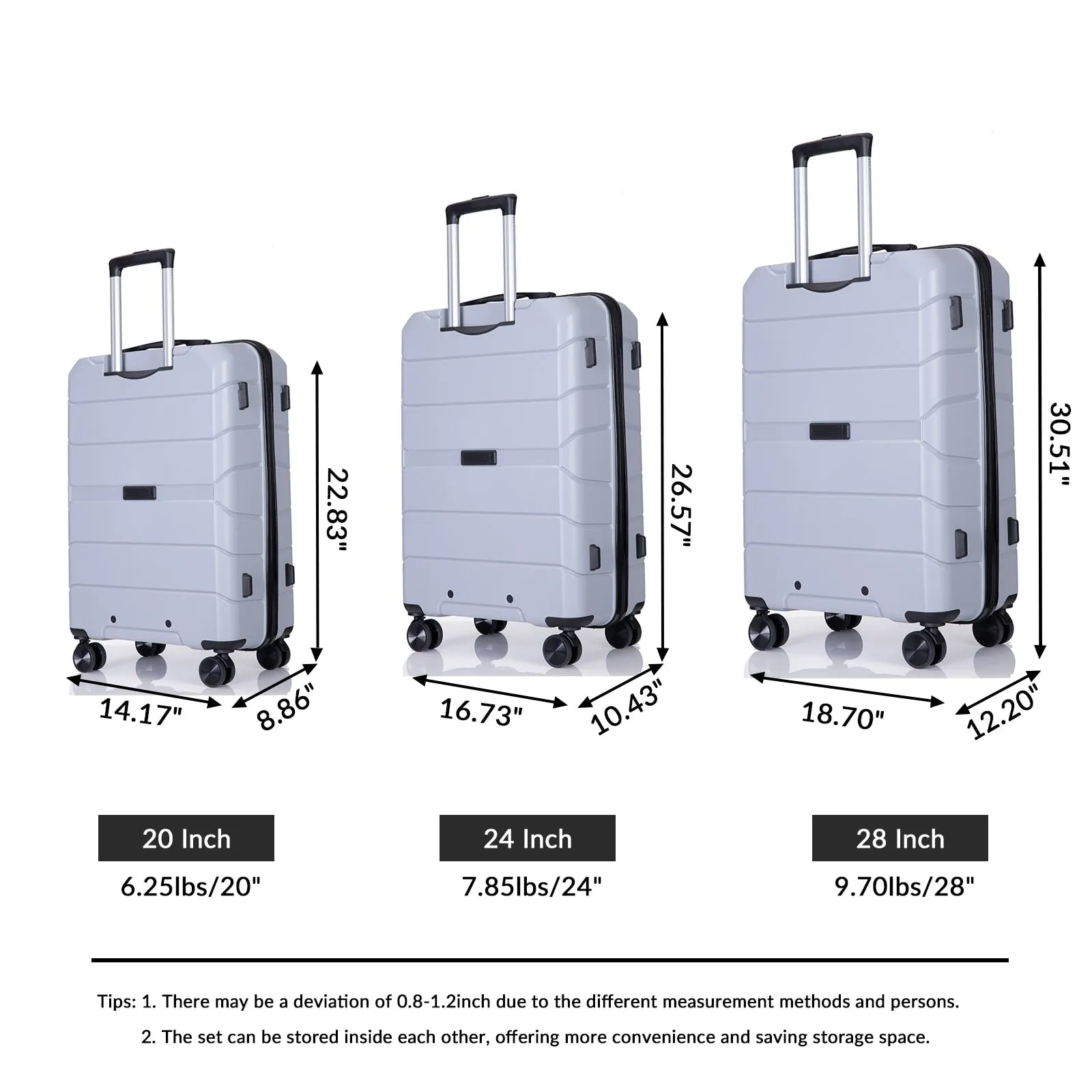 Hardshell Suitcase Spinner Wheels PP Luggage Sets Lightweight Suitcase with TSA Lock,3-Piece Set (20/24/28)