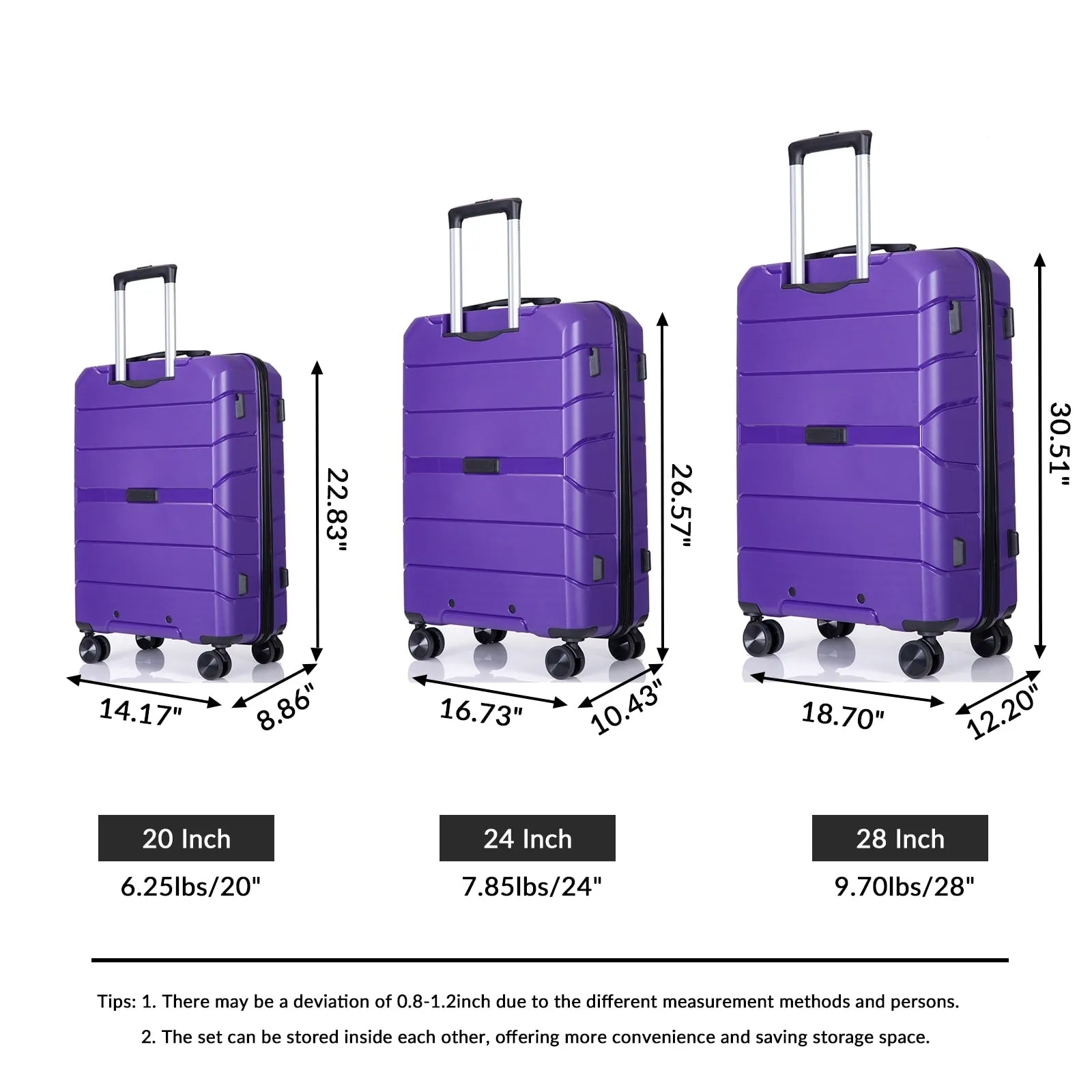 Hardshell Suitcase Spinner Wheels PP Luggage Sets Lightweight Suitcase with TSA Lock,3-Piece Set (20/24/28)