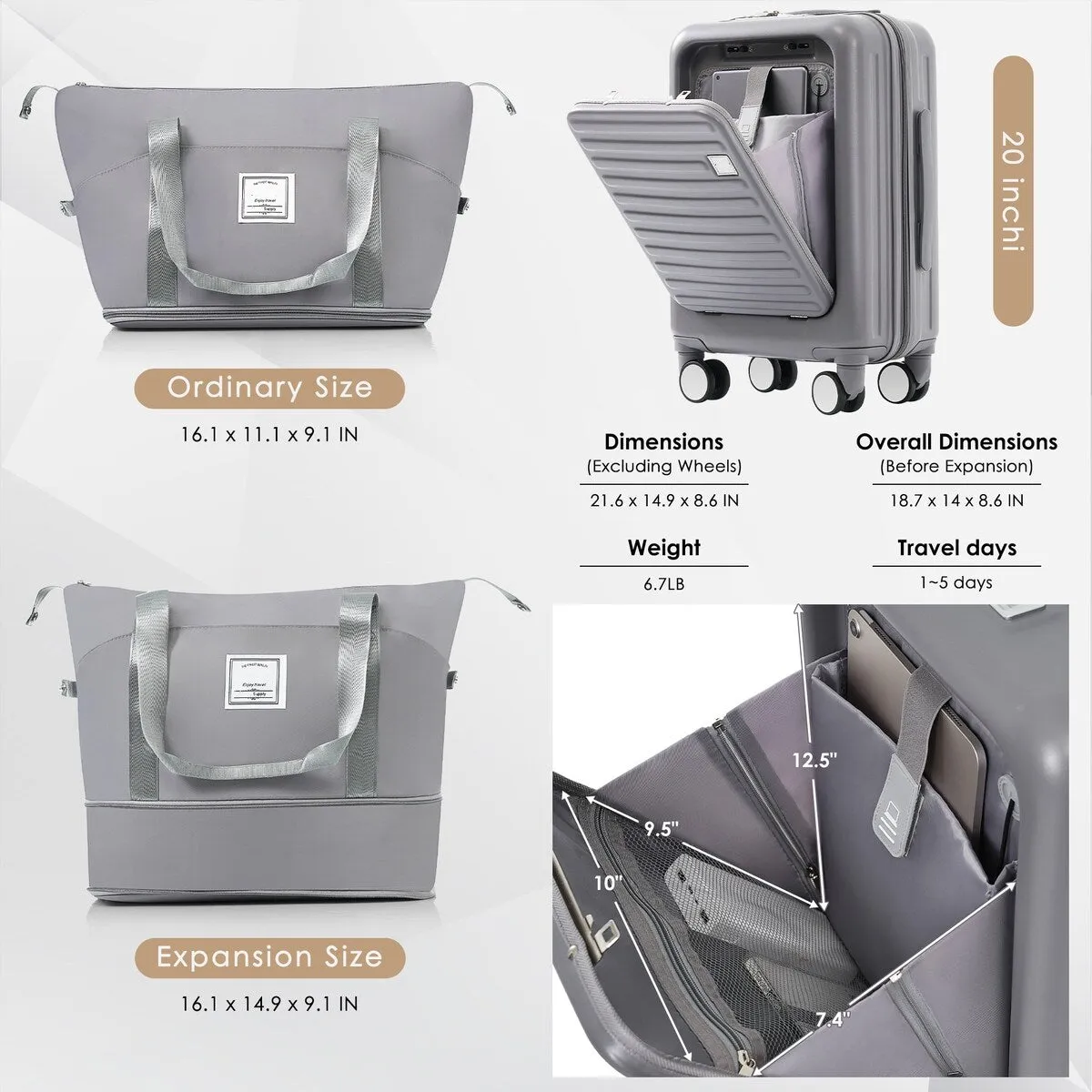 Merax Front Opening 20-Inch Carry-On Luggage with Expandable Travel Bag Set