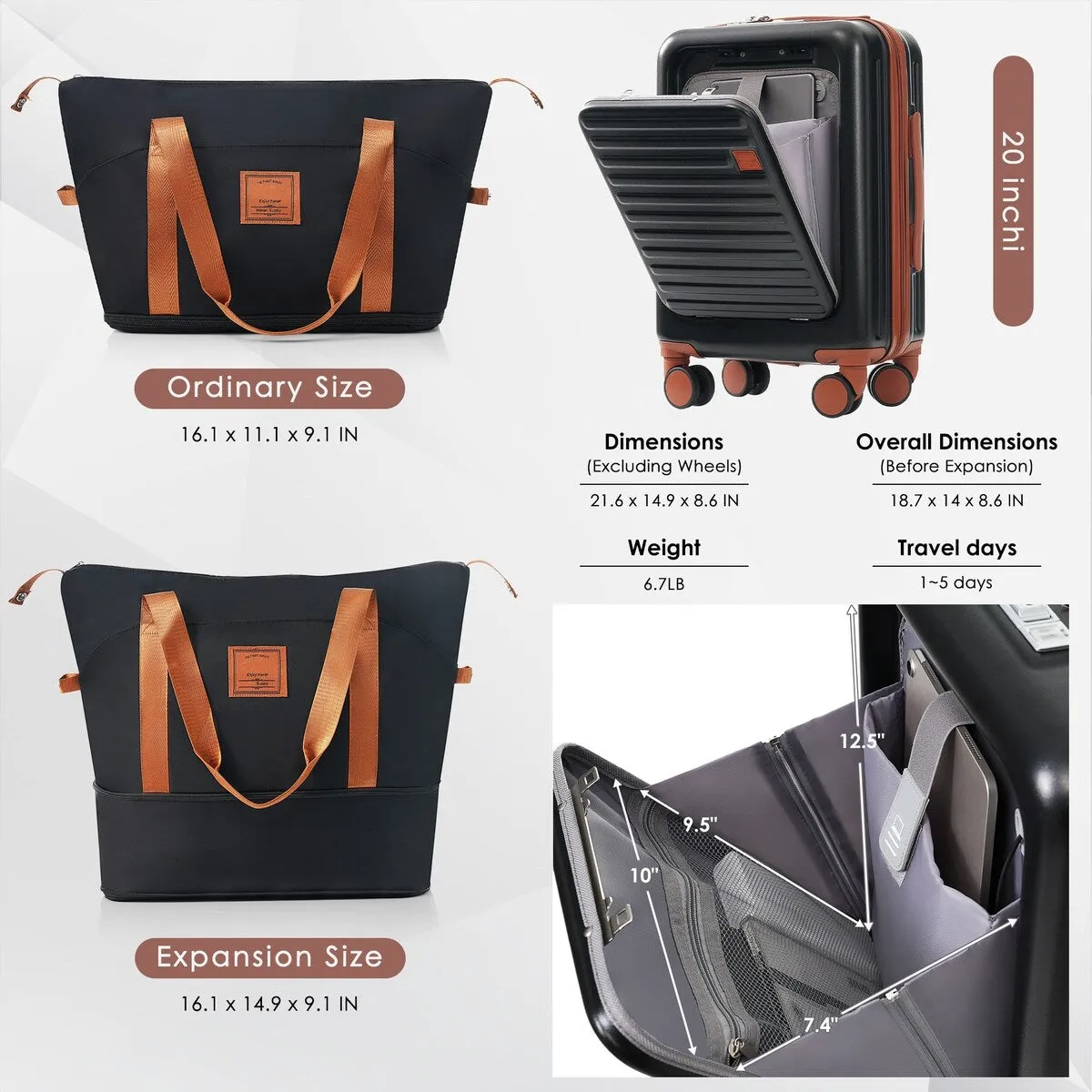 Merax Front Opening 20-Inch Carry-On Luggage with Expandable Travel Bag Set