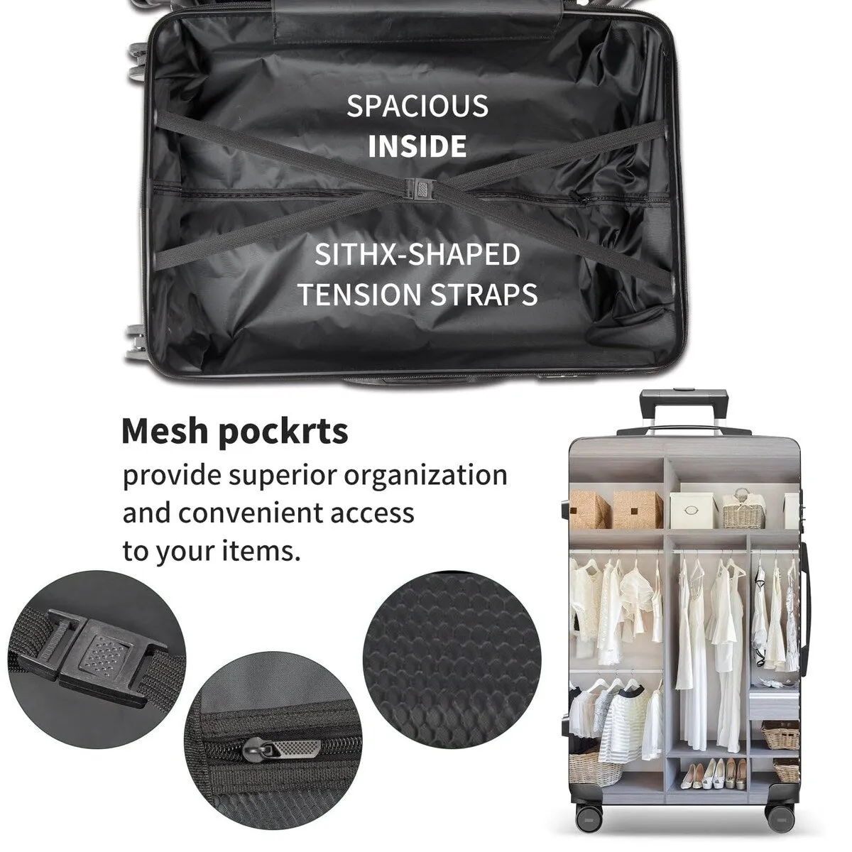SUGIFT 3 Piece Luggage Sets Hard Shell Luggage Sets with Spinner Wheels TSA Lock, 20in/24in/28in, Black