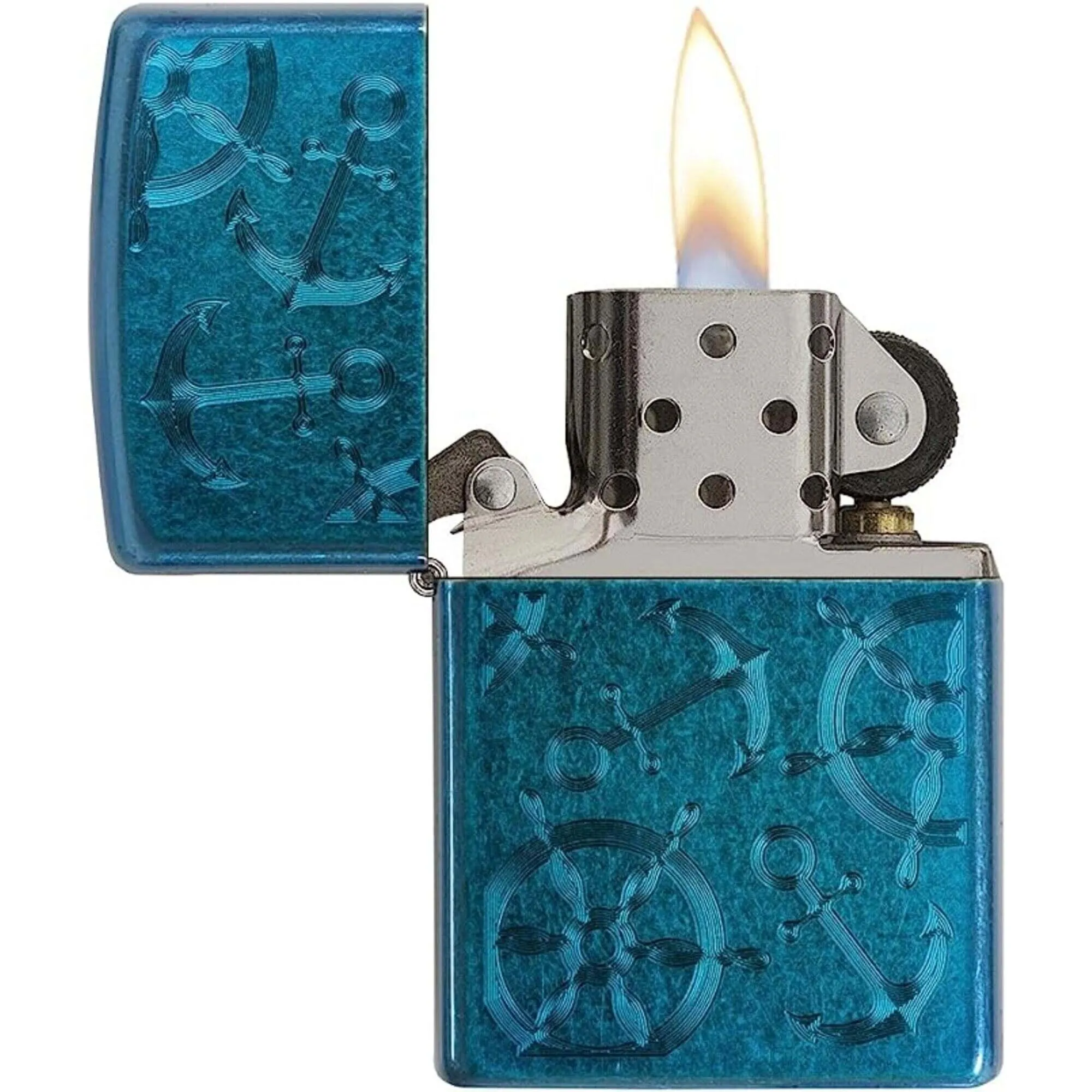 Zippo Windproof Lighter - Iced Nautical Anchors Cerulean Blue Finish Pocket | 29251